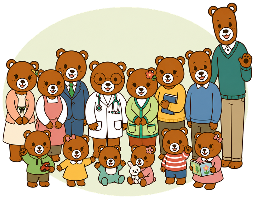 中田院長一家のイラスト（院長一家みんなのクマ）